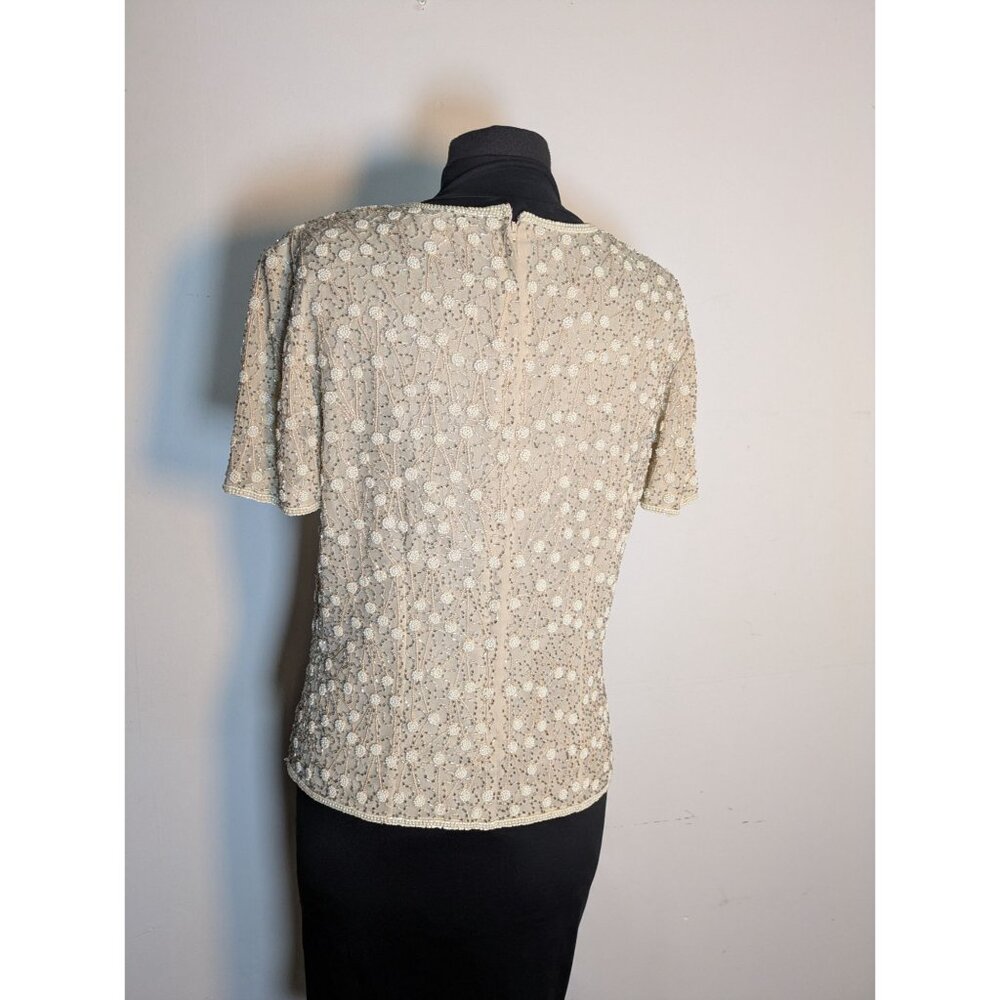 Vintage Beaded Short Sleeve Blouse Cream Floral, Size M - Picture 6 of 11